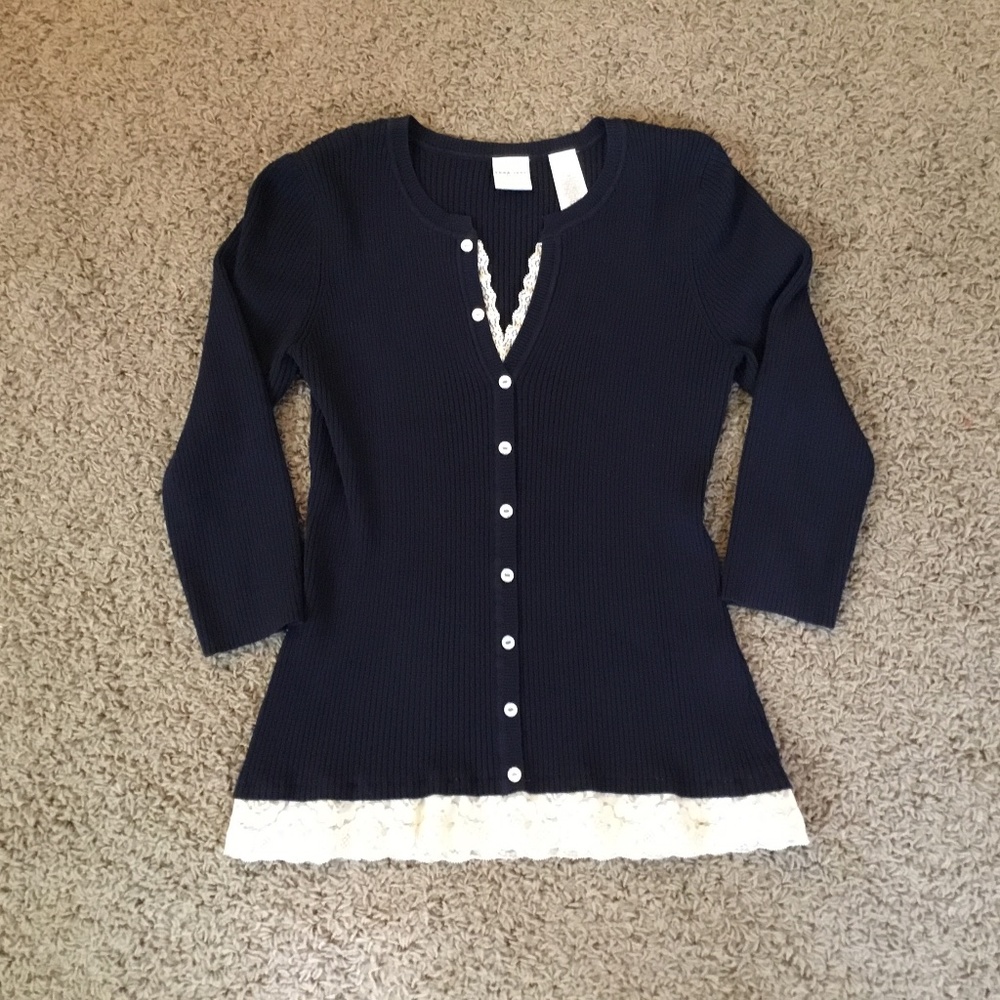 Navy Blue Ribbed Sweater with Buttons & Lace-Med